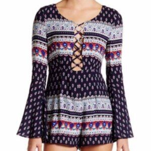 Navy Bell Sleeve Printed Romper